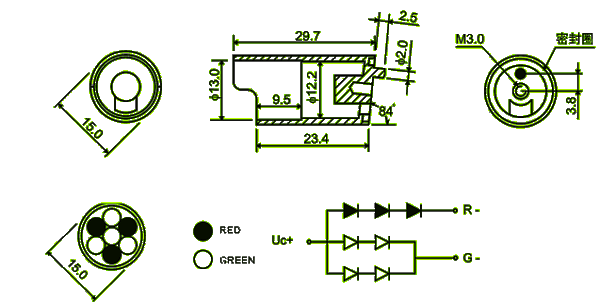 led cluster | 15mm  (3 red 4 green, round packed) Package diagram 