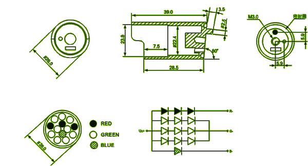 26mm led cluster (3 red 9 green 1 blue , round packed) Package diagram 