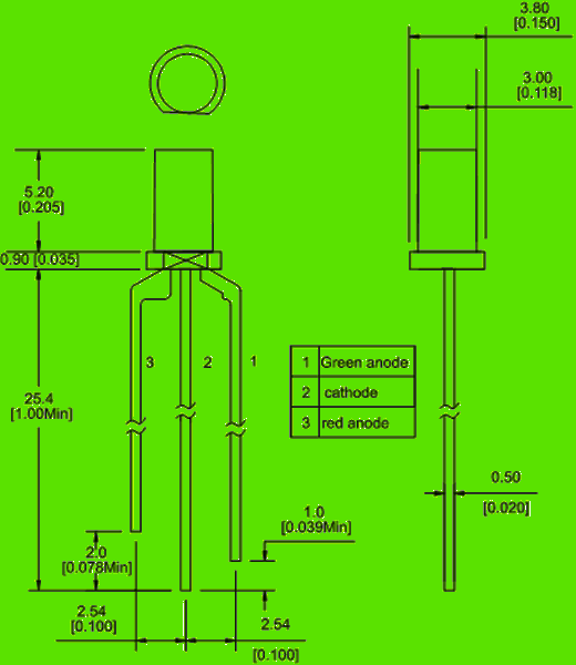 3mm Flat Top LEDs | bicolor LED Package diagram 