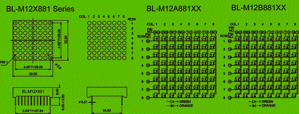 Dot matrix LED 8x8 bicolor Package diagram 