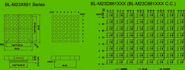 2.3 inch height 8x8 LED dot matrix, RGB color Package diagram 