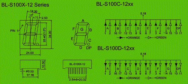 7 segment bi-color display | single digit 1.0 inch | semiconductor parts Package diagram 